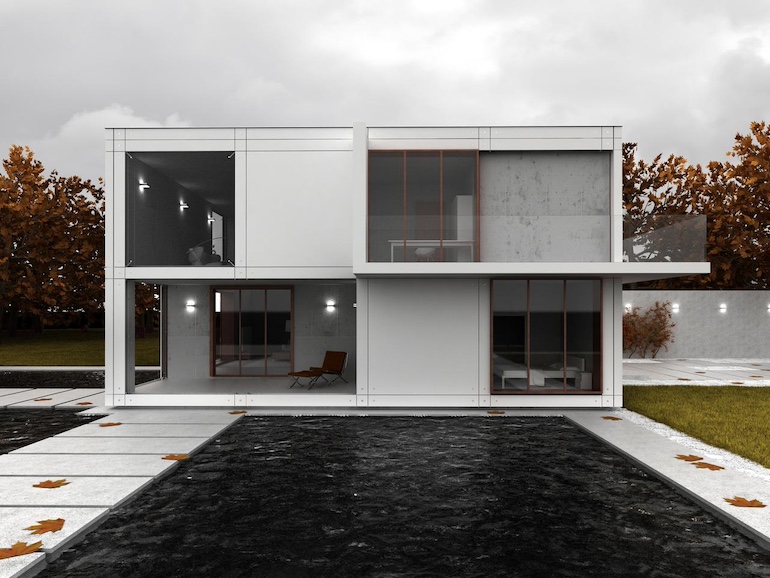 Was moderne Baustoffe für die Nutzungsdauer bedeuten Modernes Haus mit Herbstlaub und Pool
