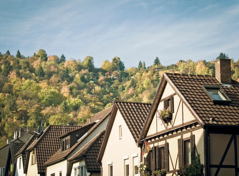 Lebensdauer & Restnutzungsdauer von Gebäuden & Immobilien Eine Reihe älterer Häuse, im Hintergrund sieht man Wald